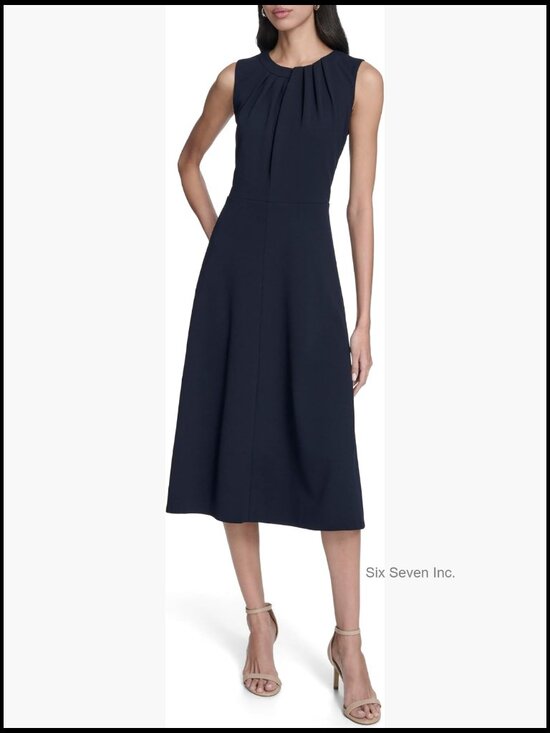 Dresses & Skirts - Sleeveless Pleat Neck Crepe A-line Midi Dress